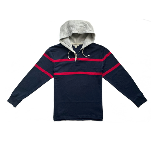 J. Crew Hooded Rugby Shirt in Navy / Red Stripe / Grey