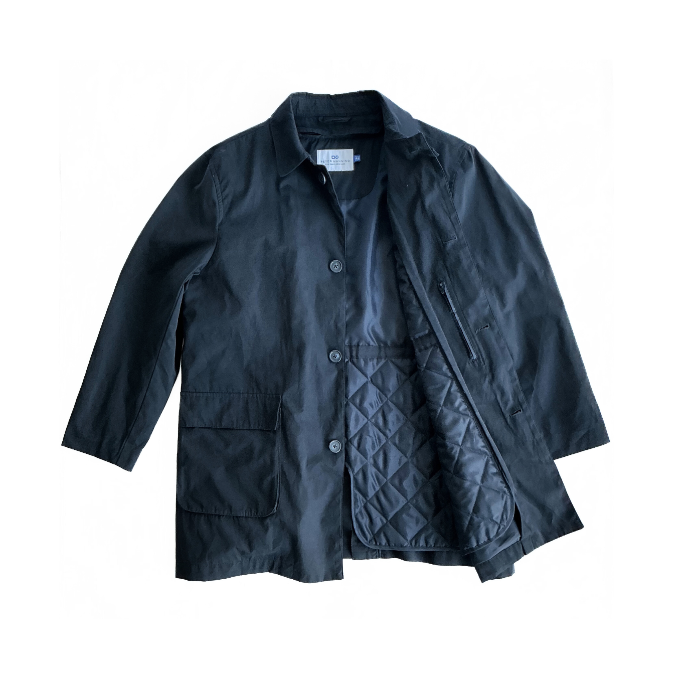 Peter Manning New York Quilted Rain Overcoat in Navy / Cloud Blue